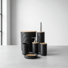 Modern black bathroom set, ribbed texture, natural accent lids, 5-piece with dispenser and brush holder, black bathroom set, available at Mint LB Zahle Lebanon