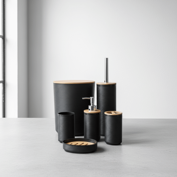 Modern black bathroom set, ribbed texture, natural accent lids, 5-piece with dispenser and brush holder, black bathroom set, available at Mint LB Zahle Lebanon