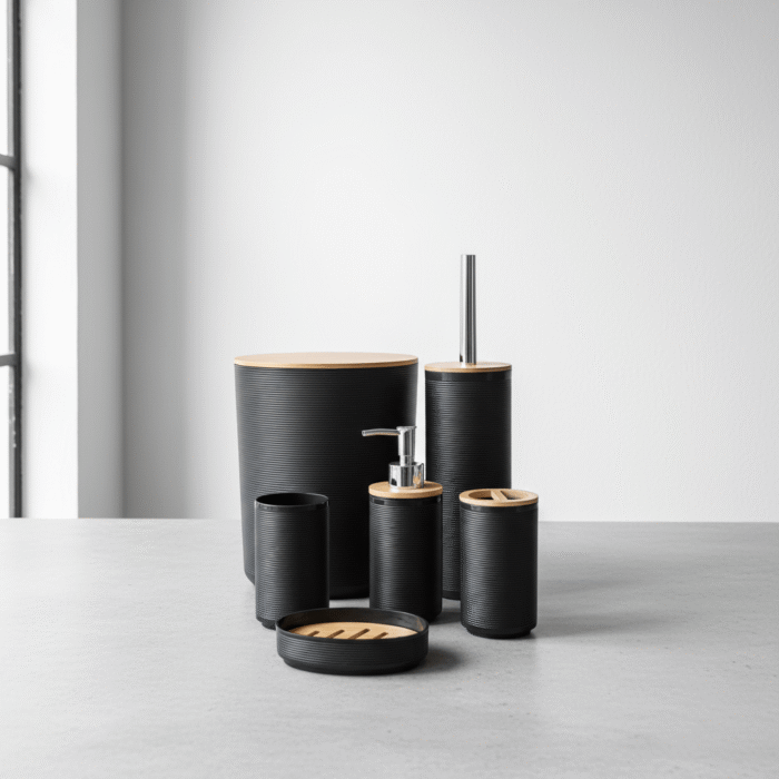 Modern black bathroom set, ribbed texture, natural accent lids, 5-piece with dispenser and brush holder, black bathroom set, available at Mint LB Zahle Lebanon