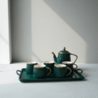 Luxury emerald green tea set with gold handles and accents, 6 cups and tray, emerald green tea set, available at Mint LB Zahle Lebanon