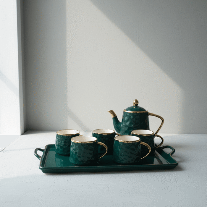 Luxury emerald green tea set with gold handles and accents, 6 cups and tray, emerald green tea set, available at Mint LB Zahle Lebanon