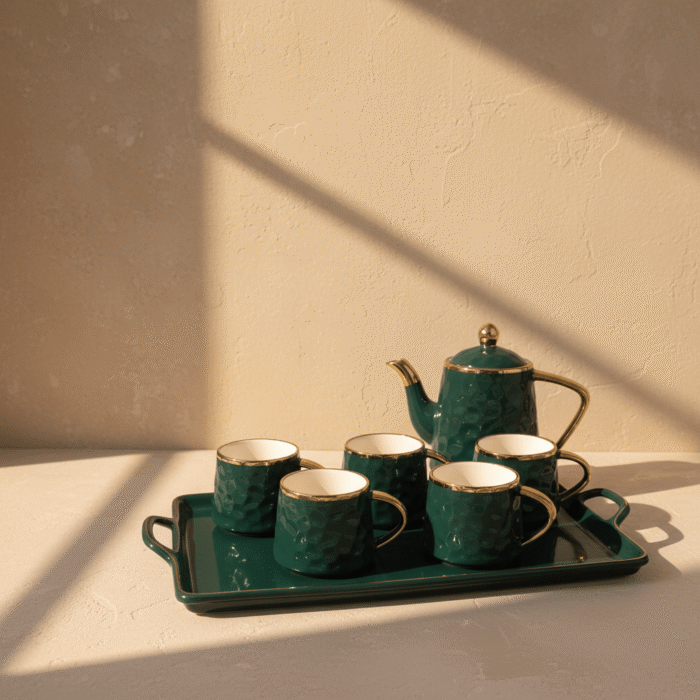 Emerald Green Gold-Rimmed Tea Set with Kettle (6 Cups + Tray) (2)