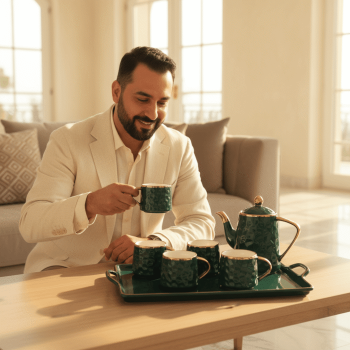 Emerald Green Gold-Rimmed Tea Set with Kettle (6 Cups + Tray) (3)