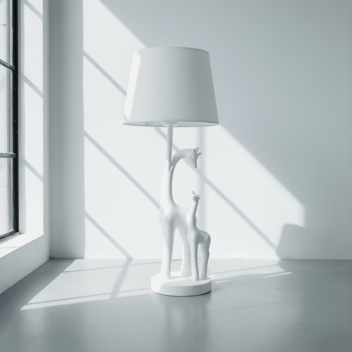 Modern white giraffe table lamp with sculptural animal base, smooth matte finish, and white lampshade, available at Mint LB Zahle Lebanon