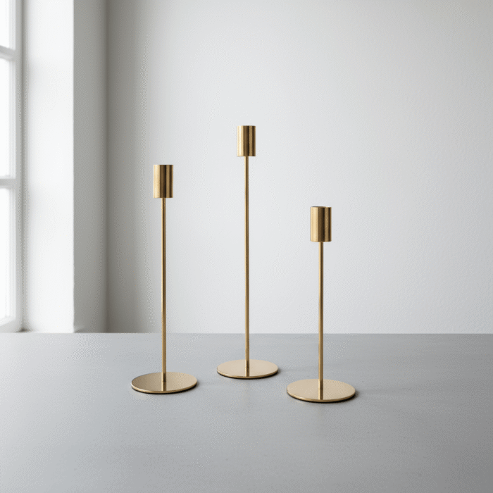 Minimalist gold candle holder set with slender polished bases and contemporary design, gold candle holder set, available at Mint LB Zahle Lebanon
