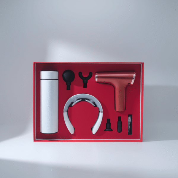 White and red massage gift box with massage gun and neck massager from Mint LB