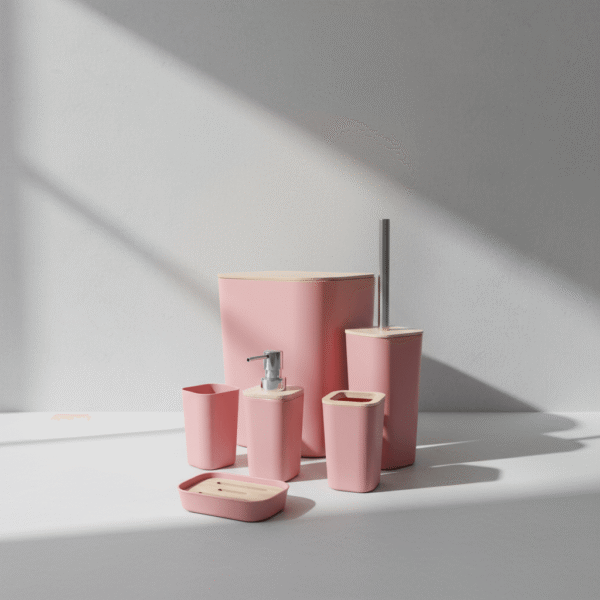 Modern pink bathroom set with smooth matte finish, light beige accents, pink bathroom set, available at Mint LB Zahle Lebanon