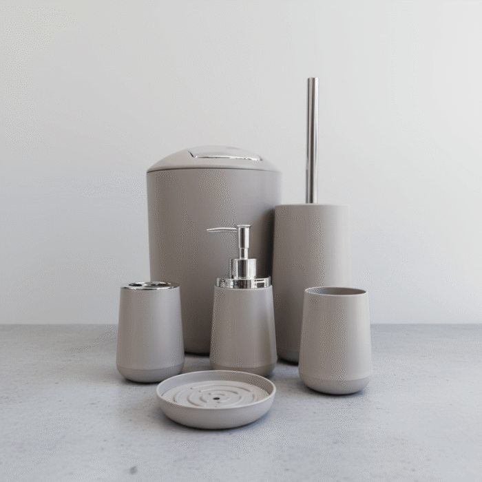 Neutral gray bathroom set with smooth matte finish and silver accents, gray bathroom set, available at Mint LB Zahle Lebanon