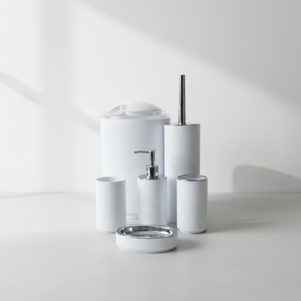 Modern white bathroom set with smooth textured finish and silver accent, white bathroom set, available at Mint LB Zahle Lebanon