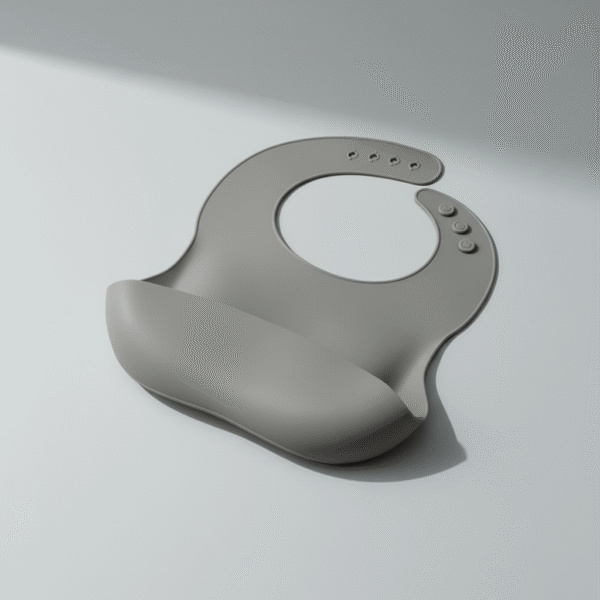 Soft gray silicone baby feeding bib with deep food catcher in sage green, available at Mint LB Zahle Lebanon