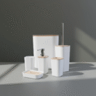 Modern white bathroom accessory set with smooth shape, natural accent lids, and chrome pump, white bathroom accessory set, available at Mint LB Zahle Lebanon