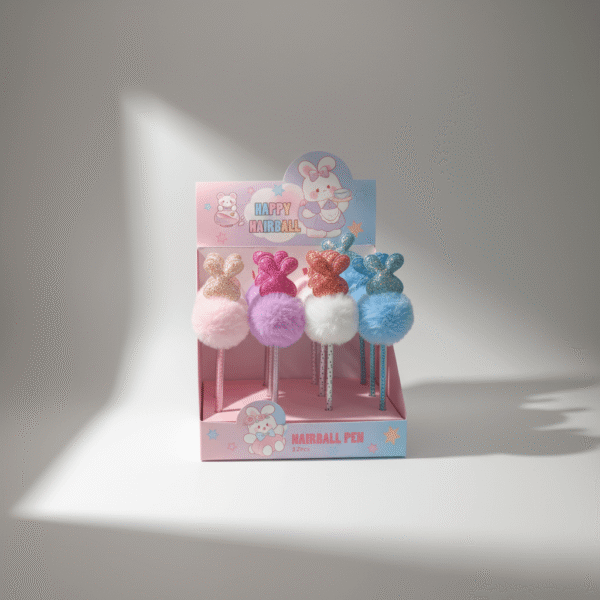 Playful pastel bunny pom-pom pens with glittery bunny ears and soft pastel puffs, pastel bunny pom-pom pens, available at Mint LB Zahle Lebanon
