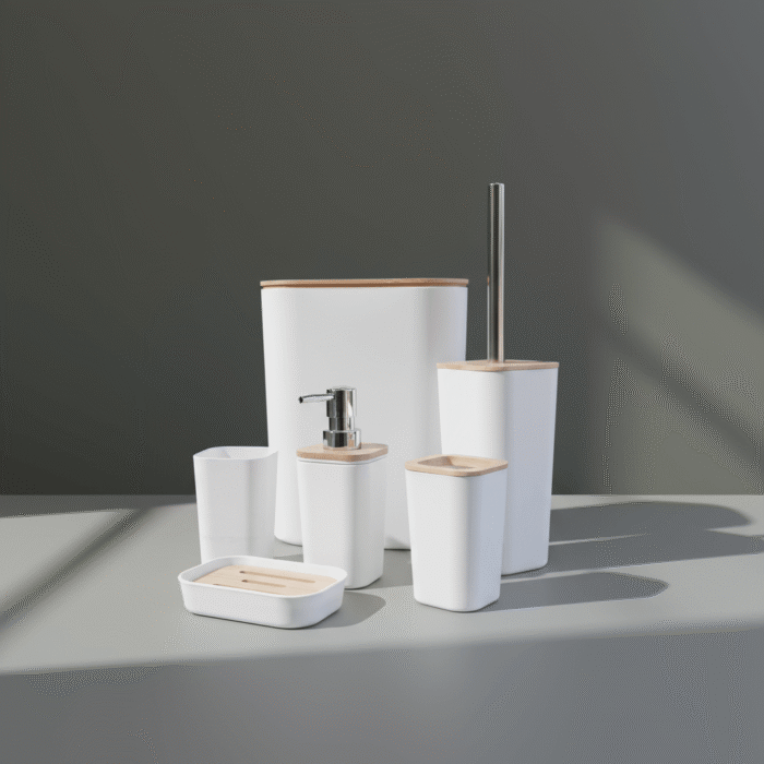 Modern white bathroom accessory set with smooth shape, natural accent lids, and chrome pump, white bathroom accessory set, available at Mint LB Zahle Lebanon