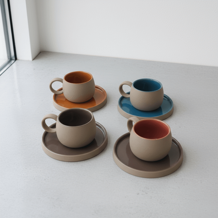 Modern multi-color coffee cup set with matte taupe exteriors and four vibrant glossy interiors, available at Mint LB Zahle Lebanon