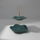 Deep emerald two-tier serving stand with lotus petal plates and gold handle, emerald two-tier serving stand, available at Mint LB Zahle Lebanon