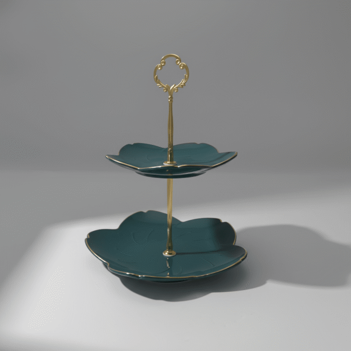 Deep emerald two-tier serving stand with lotus petal plates and gold handle, emerald two-tier serving stand, available at Mint LB Zahle Lebanon