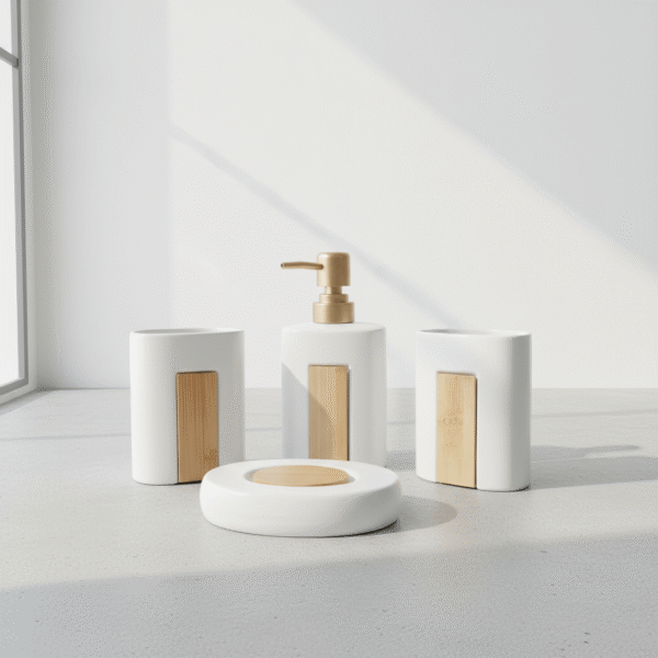 Modern white ceramic bathroom set with natural bamboo accent, featuring smooth curved shapes, available at Mint LB Zahle Lebanon