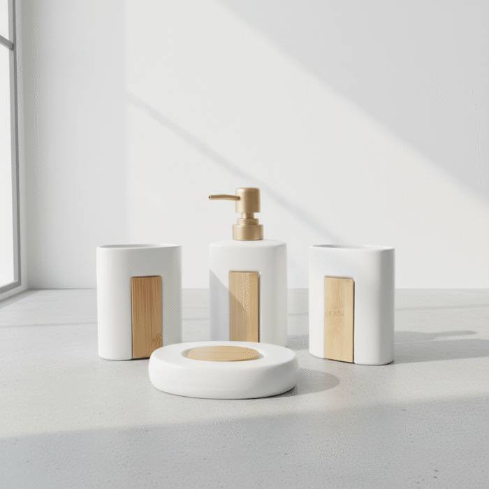 Modern white ceramic bathroom set with natural bamboo accent, featuring smooth curved shapes, available at Mint LB Zahle Lebanon