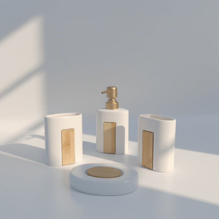 4-Piece Ceramic Bathroom Accessory Set with Bamboo Detail (2)