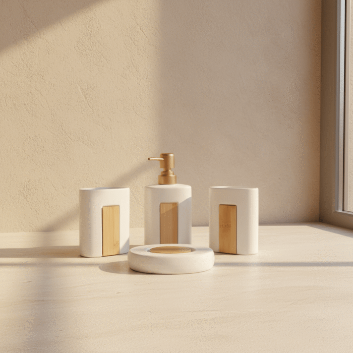 4-Piece Ceramic Bathroom Accessory Set with Bamboo Detail (3)