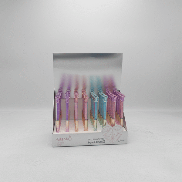 Vibrant assorted glitter crystal ballpoint pens 48pcs in display box, pink, blue, purple, mint, available at Mint LB Zahle Lebanon