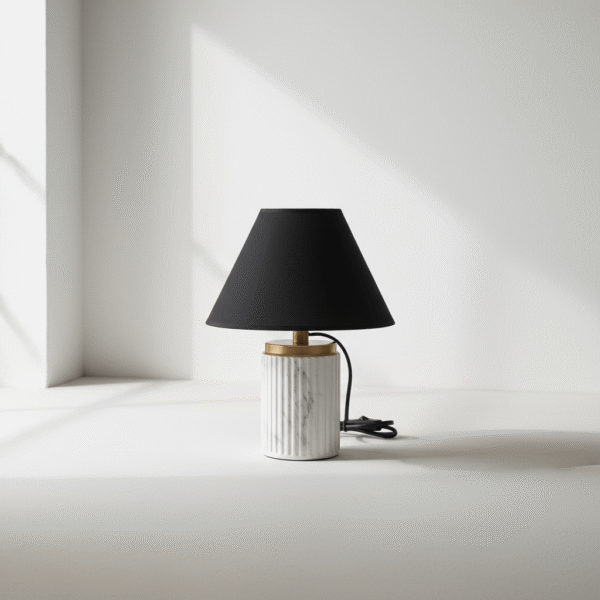 Modern black shade table lamp with white fluted base and gold accent, black shade table lamp, available at Mint LB Zahle Lebanon
