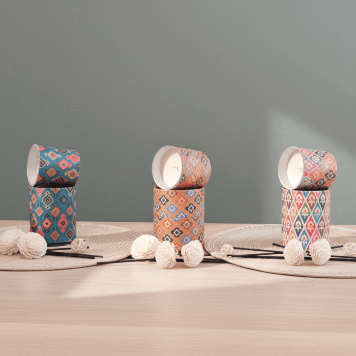 Set of three boho patterned scented candles in teal, orange, and multicolor, with bold geometric case designs, available at Mint LB Zahle Lebanon