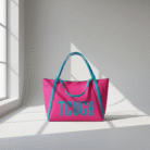 Vivid bold pink yoga tote bag with teal handles and teal lettering, modern smooth finish, available at Mint LB Zahle Lebanon