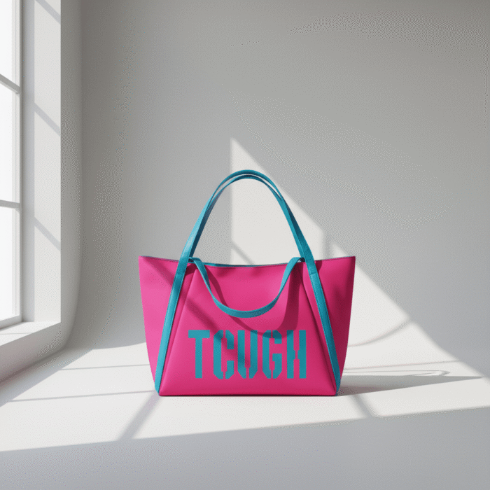 Vivid bold pink yoga tote bag with teal handles and teal lettering, modern smooth finish, available at Mint LB Zahle Lebanon