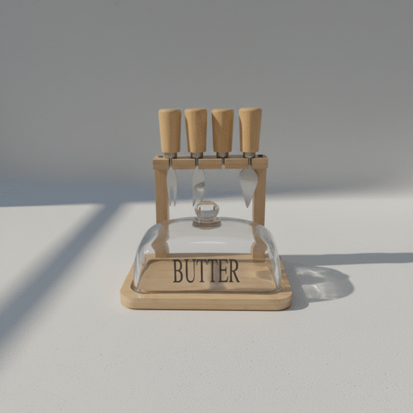 Elegant natural butter dish server set with clear dome, smooth base and four knives in a holder, available at Mint LB Zahle Lebanon