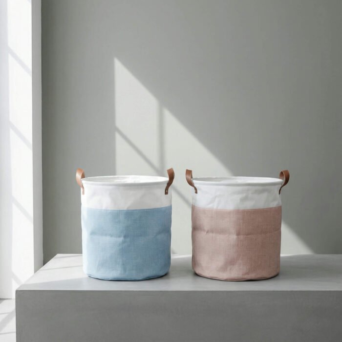 Durable blue or pink canvas storage basket with brown handles, minimalist design, available at Mint LB Zahle Lebanon
