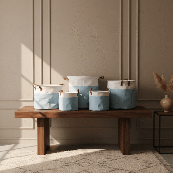 Canvas Storage Basket with Leather Handles (3)