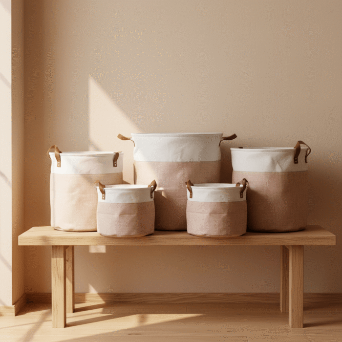 Canvas Storage Basket with Leather Handles (7)