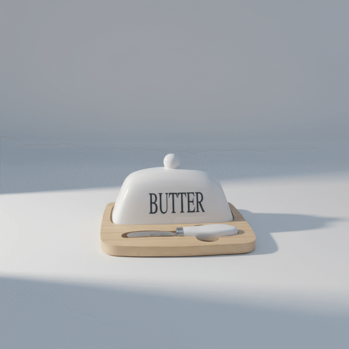 Ceramic Butter Dish with Wooden Base & Spreader (2)