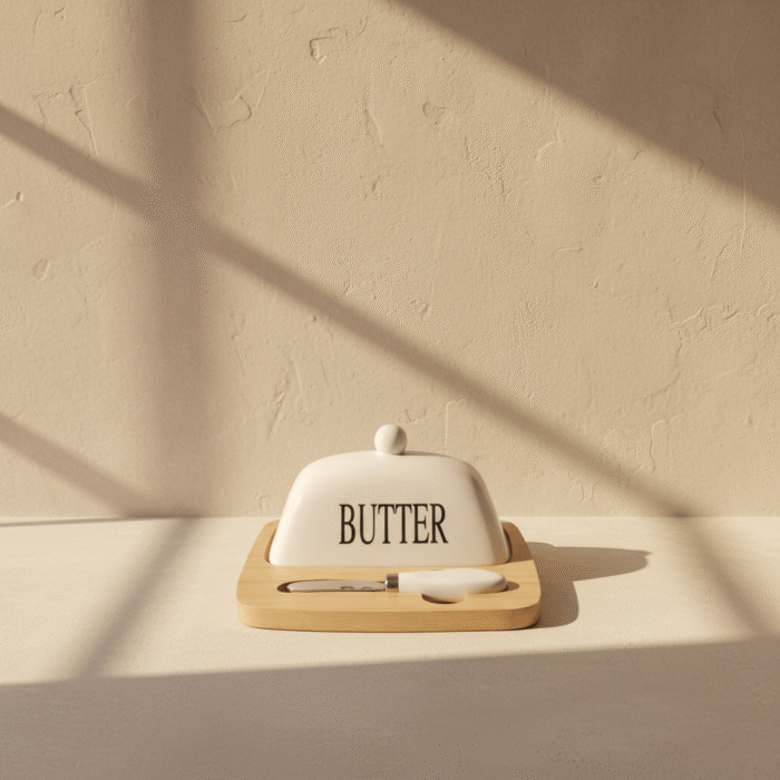Ceramic Butter Dish with Wooden Base & Spreader (4)