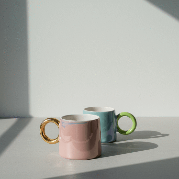 Glossy pink and blue mini mugs with bold gold and green handles pink blue mini mugs, available at Mint LB Zahle Lebanon
