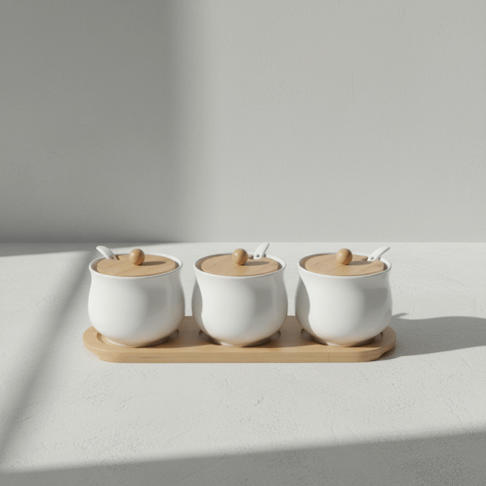 Modern white spice jar set with smooth crafted jars, natural textured lids and base, white spice jar set, available at Mint LB Zahle Lebanon