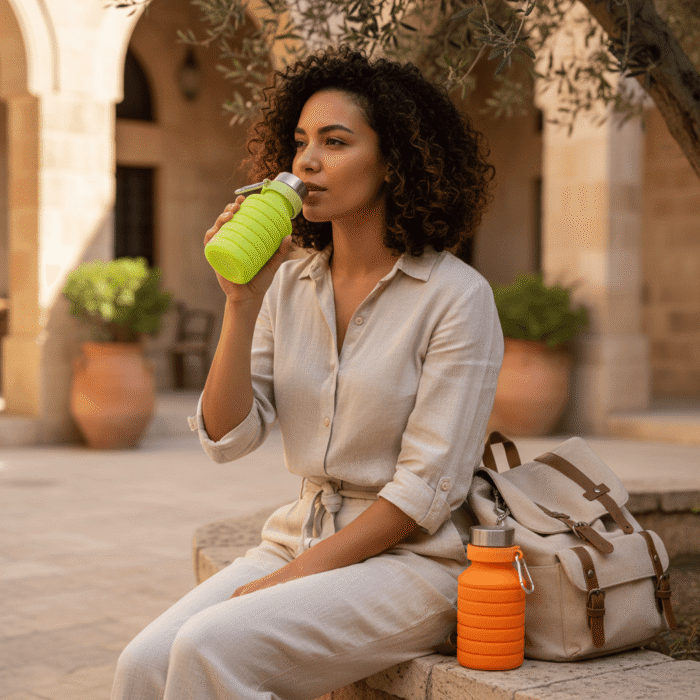 Compact Silicone Water Bottle with Stainless Steel Cap & Carabiner (4 Colors) (16)