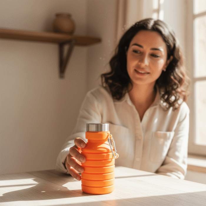 Compact Silicone Water Bottle with Stainless Steel Cap & Carabiner (4 Colors) (20)