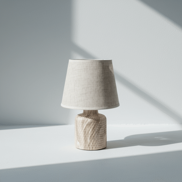 Cozy modern linen table lamp with textured wood base on a white surface at Mint LB Zahle Lebanon
