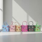 Six stylish EVA tote bags in sky blue, pink, beige, fuchsia, gray, and mint green, decorated with fun charms multicolor EVA tote bag, available at Mint LB Zahle Lebanon