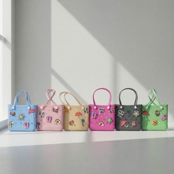 Six stylish EVA tote bags in sky blue, pink, beige, fuchsia, gray, and mint green, decorated with fun charms multicolor EVA tote bag, available at Mint LB Zahle Lebanon