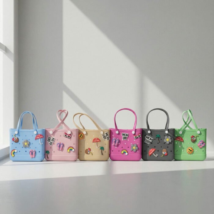 Six stylish EVA tote bags in sky blue, pink, beige, fuchsia, gray, and mint green, decorated with fun charms multicolor EVA tote bag, available at Mint LB Zahle Lebanon