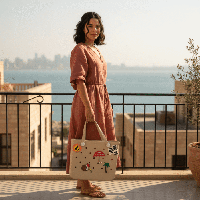 Crocs-Style Tote Bag with Charms – Beige (4)