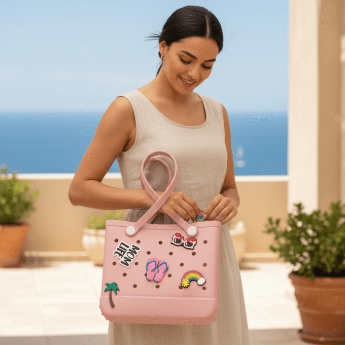 Crocs-Style Tote Bag with Charms – Hot Pink (4)