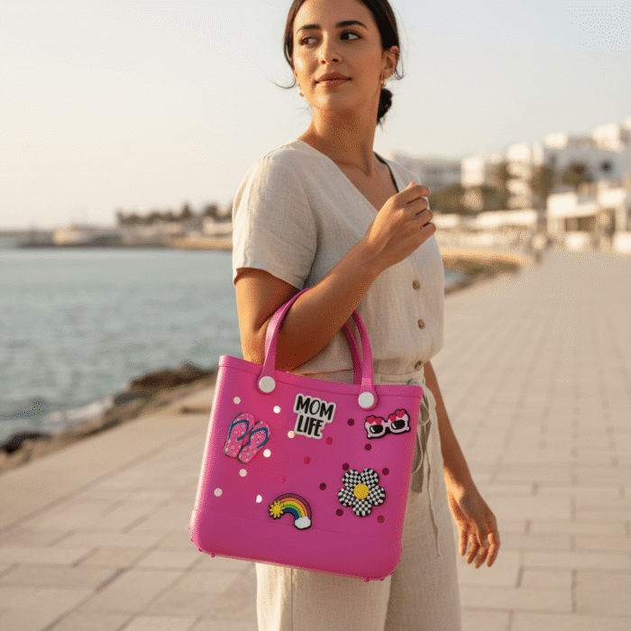 Crocs-Style Tote Bag with Charms – Pink (4)