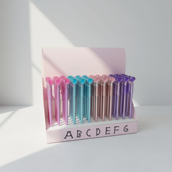 Vibrant multicolor crystal-top gel pens set in pastel pink, turquoise, rose gold, and purple, elegantly arranged in a pastel pink display box, available at Mint LB Zahle Lebanon
