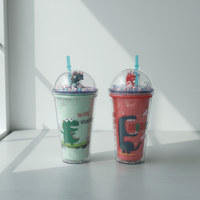 Playful pastel dinosaur kids water cup with mint green and pink base, dome lid and floating beads, available at Mint LB Zahle Lebanon