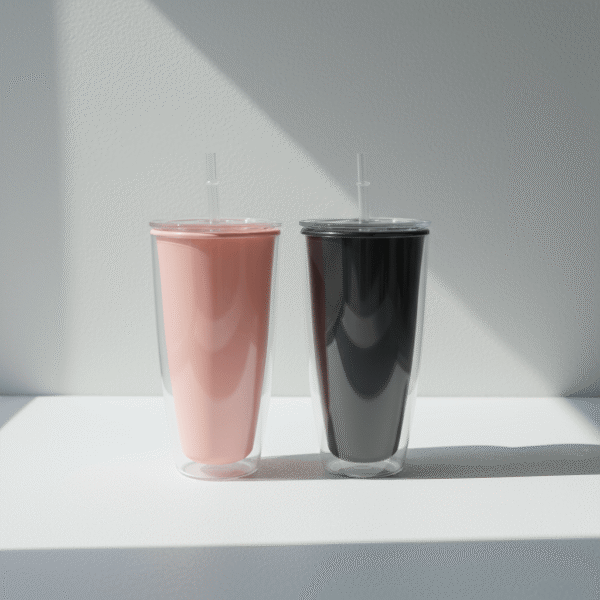 Modern blush and charcoal double-layer water bottle with clear lid and straw, blush charcoal double-layer water bottle, available at Mint LB Zahle Lebanon