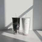 Sleek black white double layer water bottle with floating pastel beads and clear lid, black white double layer water bottle, available at Mint LB Zahle Lebanon